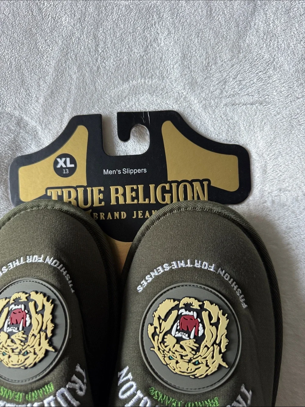 True Religion Olive Green and Cream Tiger Logo Indoor Slippers